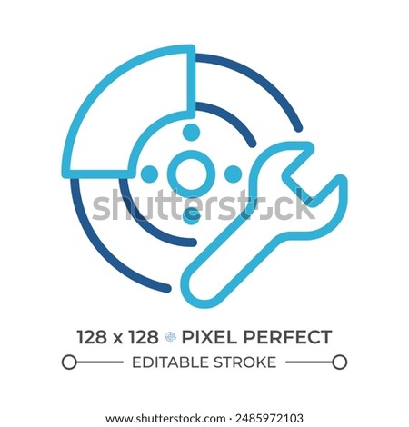 Car disc brake repair two color line icon. Auto repair service. Brake replacement. Automotive part bicolor outline symbol. Duotone linear pictogram. Isolated illustration. Editable stroke