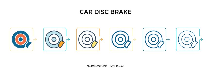 Car disc brake vector icon in 6 different modern styles. Black, two colored car disc brake icons designed in filled, outline, line and stroke style. Vector illustration can be used for web, mobile,