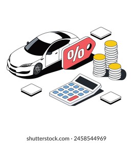 Car, discount percent sign, coins and calculator. Vector 3d line isometric, color web icons, new flat style. Creative design idea for infographics.