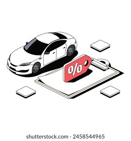 Car, discount percent sign. Vector 3d line isometric, color web icons, new flat style. Creative design idea for infographics.