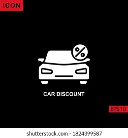 icono de vector de porcentaje de descuento de coche en fondo negro. Ilustración icono de glifo plano para gráficos, interfaces de medios impresos y diseño web
