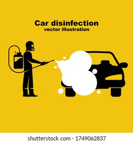 Car Disinfection Black Icon. Cleaning And Washing Vehicle. Prevention Coronavirus Covid-19. Man In Hazmat. Spraying From Bacteria.Vector Illustration Flat Design. Clean Car With A Disinfectant Spray