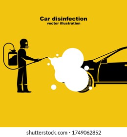 Car disinfection black icon. Cleaning and washing vehicle. Prevention coronavirus covid-19. Man in hazmat. Spraying from bacteria.Vector illustration flat design. Clean car with a disinfectant spray