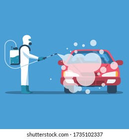 Car disinfection. Cleaning and washing vehicle. Prevention coronavirus covid-19. Man in hazmat. Spraying from bacteria. Vector illustration flat design. Clean surfaces in car with a disinfectant spray