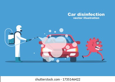 Car disinfection. Cleaning and washing vehicle. Prevention coronavirus covid-19. Man in hazmat. Spraying from bacteria. Vector illustration flat design. Clean surfaces in car with a disinfectant spray