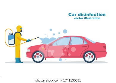 Car disinfection. Cleaning and washing vehicle. Prevention coronavirus covid-19. Man in hazmat. Spraying from bacteria. Vector illustration flat design. Clean surfaces in car with a disinfectant spray