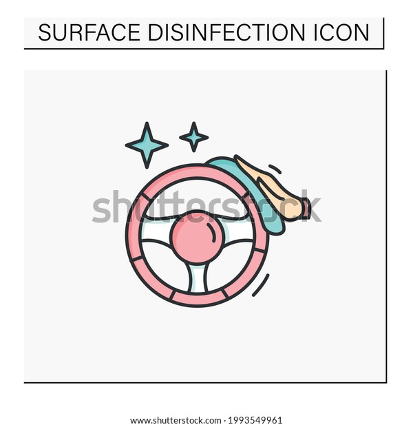 Car disinfection color icon.Taxi and\
carsharing hand wheel interior cleaning with antibacterial wipe\
line pictogram.Public transport and taxi service covid safety\
measures.Isolated vector\
illustration