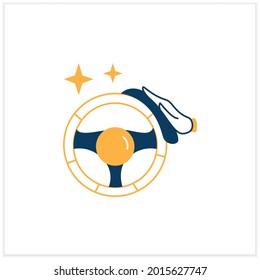 Car Disinfection Flat Icon.Taxi And Carsharing Hand Wheel Interior Cleaning With Antibacterial Wipe Line Pictogram.Public Transport And Taxi Service Covid Safety Measures.Vector Illustration