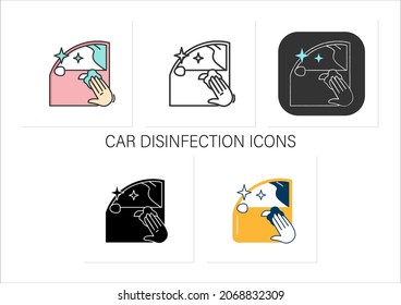 Car disinfection icons set.Taxi door,interior cleaning with antibacterial wipe.Tansport,taxi service.Safety measures.Collection of icons in linear,filled,color styles.Isolated vector illustrations