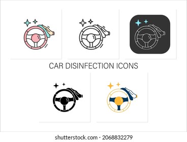 Car disinfection icons set.Taxi,carsharing hand wheel interior cleaning with antibacterial wipe.Public transport.Collection of icons in linear, filled, color styles.Isolated vector illustrations