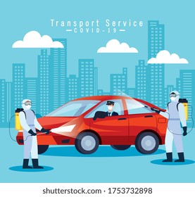 car disinfection service, prevention coronavirus covid 19, clean surfaces in car with a disinfectant spray, persons with biohazard suit vector illustration design