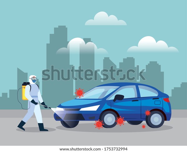 car disinfection service,\
prevention coronavirus covid 19, clean surfaces in car with a\
disinfectant spray, person with biohazard suit vector illustration\
design