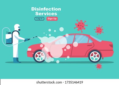 Car Disinfection Services. Cleaning And Washing Vehicle. Prevention Coronavirus Covid-19. Man In Hazmat. Spraying From Bacteria. Vector Flat Design. Clean Surfaces In Car With A Disinfectant Spray.