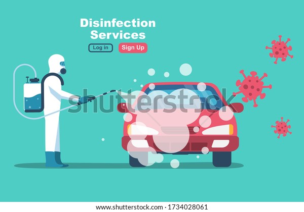 Car disinfection services. Cleaning and washing\
vehicle. Prevention coronavirus covid-19. Man in hazmat. Spraying\
from bacteria. Vector flat design. Clean surfaces in car with a\
disinfectant spray.