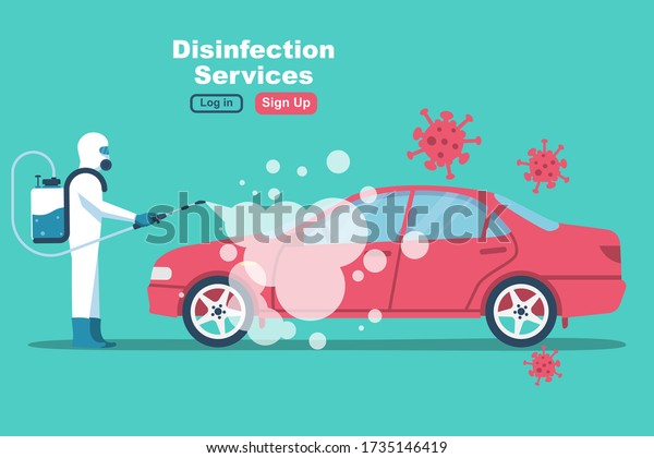 Car disinfection services. Cleaning and washing\
vehicle. Prevention coronavirus covid-19. Man in hazmat. Spraying\
from bacteria. Vector flat design. Clean surfaces in car with a\
disinfectant spray.
