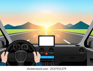 Pantalla de visualización del coche para la aplicación de mapas o sistema de navegación GPS. Ilustración vectorial. 