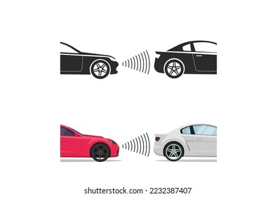 Car distance driver assist and parking sensor radar detection for safety automotive vehicle control signal flat graphic illustration, front auto proximity approach security system icon clipart