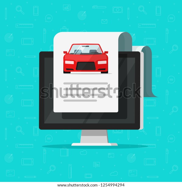 Car document text on computer vector\
illustration, flat cartoon automobile with online paper page data\
report or description, idea of electronic auto history, digital\
shopping or rental service