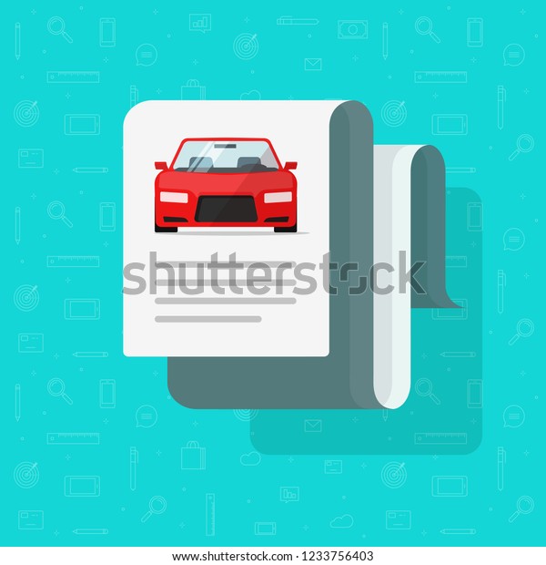 Car\
document text vector illustration, flat cartoon automobile with\
paper page data or description, idea or auto history\
