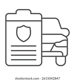 Car with document thin line icon, automobile sales concept. Vector graphics. Motor vehicle power of attorney form paper sign on white background, outline style icon for mobile or web design