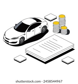 Car documents Deal, coins. Vector 3d line isometric, color web icons, new flat style. Creative design idea for infographics.