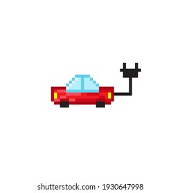 The car doesn't use gas. Electric powered car pixel art. Electric car. Vector illustration. Electric car charging its battery with the natural landscape.