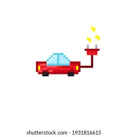 The car doesn't use gas. Electric powered car pixel art. Electric car. Vector illustration. Electric car charging its battery with the natural landscape.