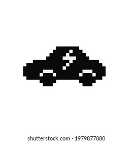 The car doesn't use gas. Electric powered car pixel art. Electric car. Vector illustration. Electric car charging its battery with the natural landscape.