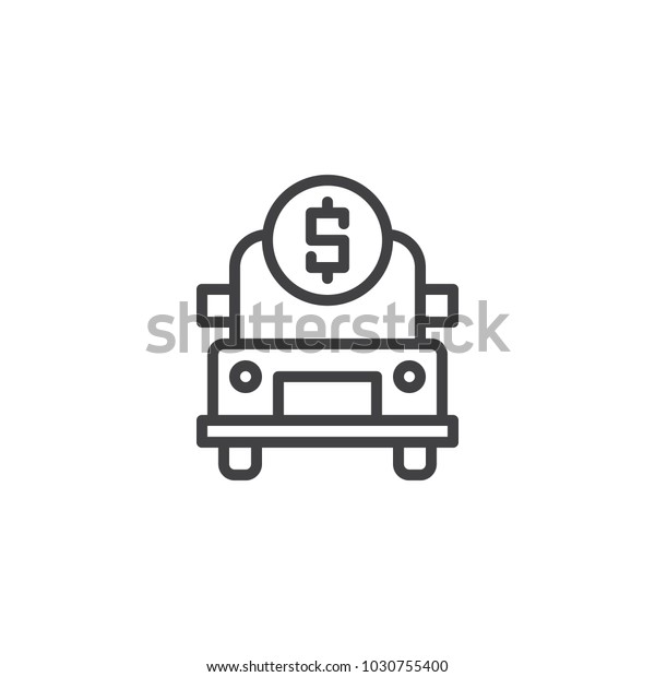 Car with dollar coin outline\
icon. linear style sign for mobile concept and web design. Cash\
collection car simple line vector icon. Symbol, logo\
illustration.