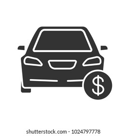 Car with dollar sign glyph icon. Automobile buying or sale. Auto workshop service prices. Silhouette symbol. Negative space. Vector isolated illustration