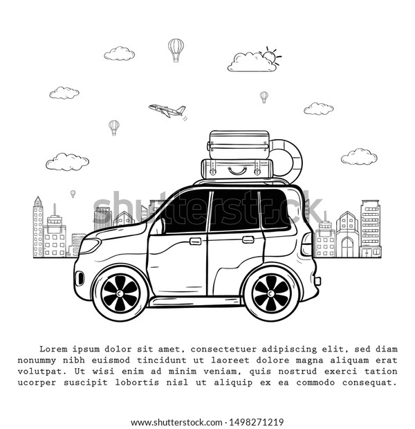 car doodle hand draw couple cute cartoon traveler\
with luggage on white Background travel around the world concept.\
Hand Draw,