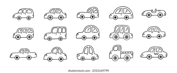 Auto doodle handgezeichnete Linie Symbol-Set. Auto Zeichnung Umriss Clipart. Vektorgrafik