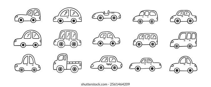 Car doodle hand drawn line icon set. Car drawing outline clipart. Vector illustration