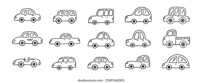 Car doodle hand drawn line icon set. Car drawing outline clipart. Vector illustration