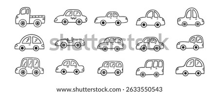 Car doodle hand drawn line icon set. Car drawing outline clipart. Vector illustration