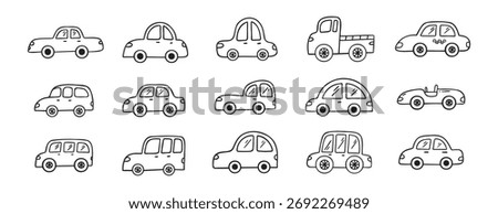 Car doodle hand drawn line icon set. Car drawing outline clipart. Vector illustration