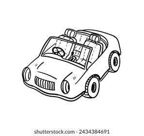 Car doodle line art, hand drawn cute vintage convertible car, top isometric view