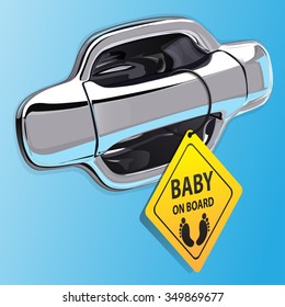 Car door handle chromium on blue color and baby on board sign vector illustration.
