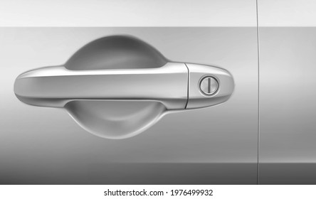 Car door with handle for open,close and lock auto. Vector realistic illustration of silver vehicle handle with key hole on gray background. Part of metallic automobile door