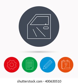 Car door icon. Automobile lock sign. Calendar, cogwheel, document file and pencil icons.
