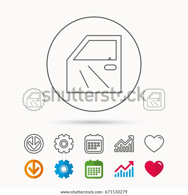 Car door icon. Automobile lock sign. Calendar,\
Graph chart and Cogwheel signs. Download and Heart love linear web\
icons. Vector