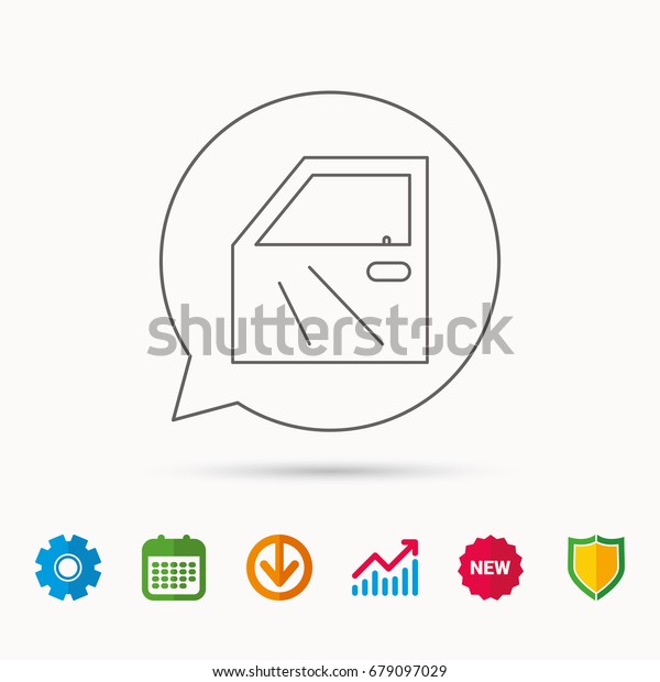 Car door
icon. Automobile lock sign. Calendar, Graph chart and Cogwheel
signs. Download and Shield web icons.
Vector