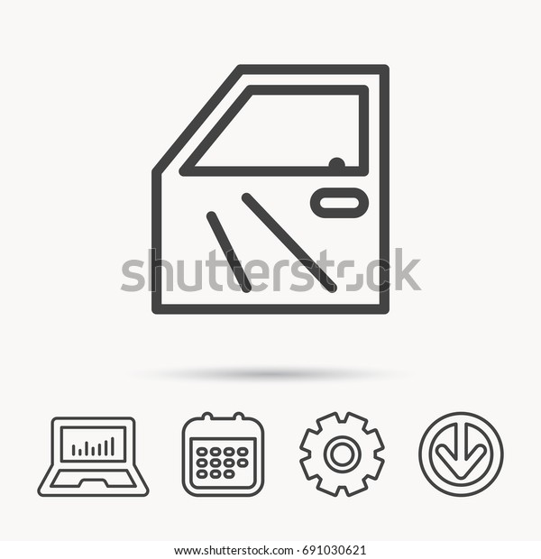 Car door icon.\
Automobile lock sign. Notebook, Calendar and Cogwheel signs.\
Download arrow web icon.\
Vector