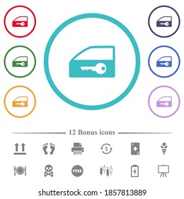 Car door lock flat color icons in circle shape outlines. 12 bonus icons included.