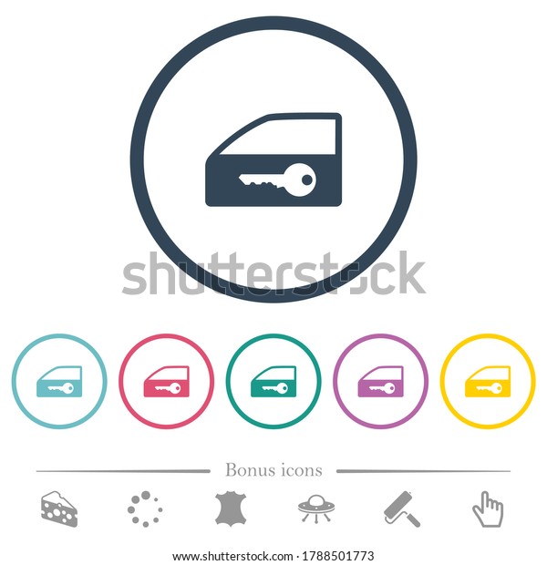 Car door lock flat color icons in round\
outlines. 6 bonus icons\
included.