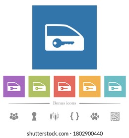 La puerta del auto bloquea los iconos blancos planos en los fondos cuadrados. 6 iconos de bonificación incluidos.