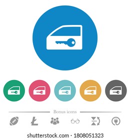 Car door lock flat white icons on round color backgrounds. 6 bonus icons included.