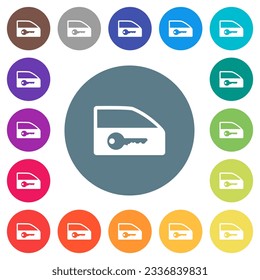 Car door lock flat white icons on round color backgrounds. 17 background color variations are included.