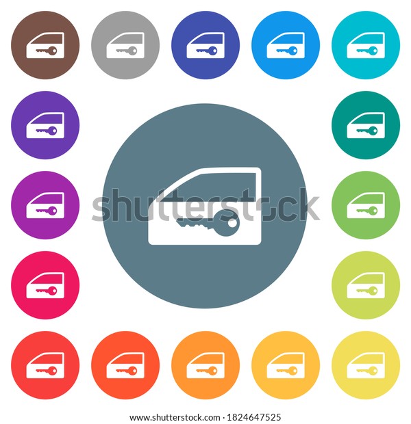 Car door lock\
flat white icons on round color backgrounds. 17 background color\
variations are included.