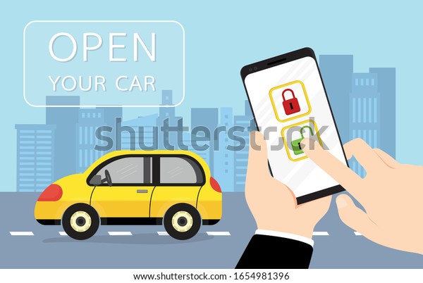 Car door lock and unlock by smartphone with\
city skyscrapers\
background.